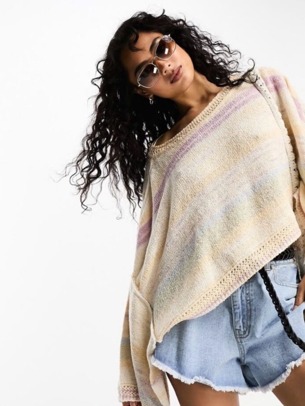 $168 NWT FREE PEOPLE  SATURN LONG SLEEVE STRIPED KNIT PONCHO SWEATER